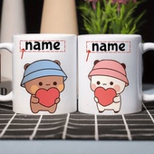 卡通戴帽抱心熊马克杯 双色内釉杯子 可定制名字水杯