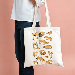 学生通勤单肩包 森系文艺托特包 小众不撞款 小熊猫兔印花帆布包