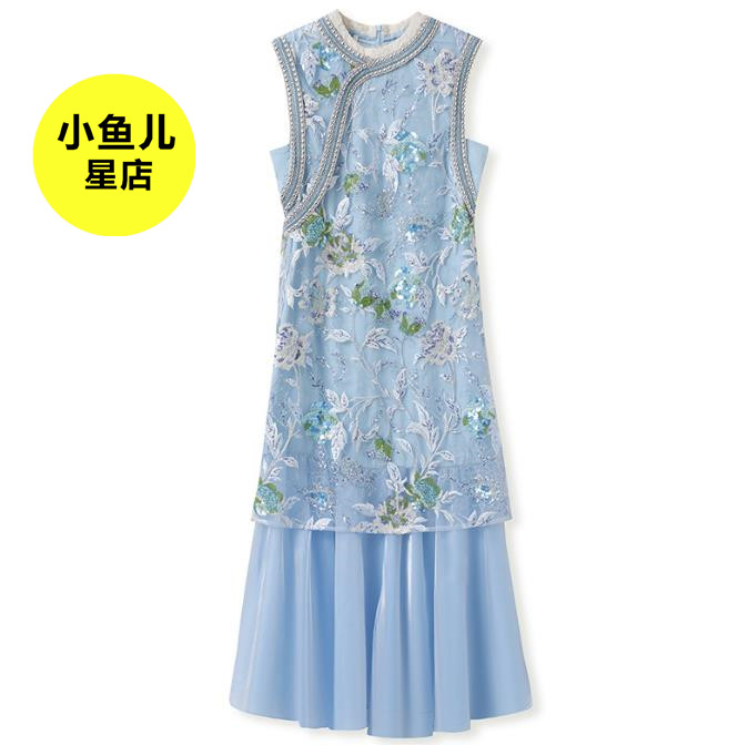 高端复古新中式夏季新款重工刺绣亮片旗袍裙女国风时尚拼接连衣裙