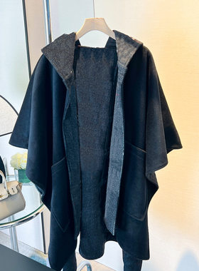 新中式国风复古汉服上衣黑色格纹毛呢厚呢子连帽大码宽松秋冬外套
