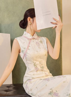 改良汉服中式葡萄印花无袖旗袍裙蕾丝花边立领修身开叉长款连衣裙