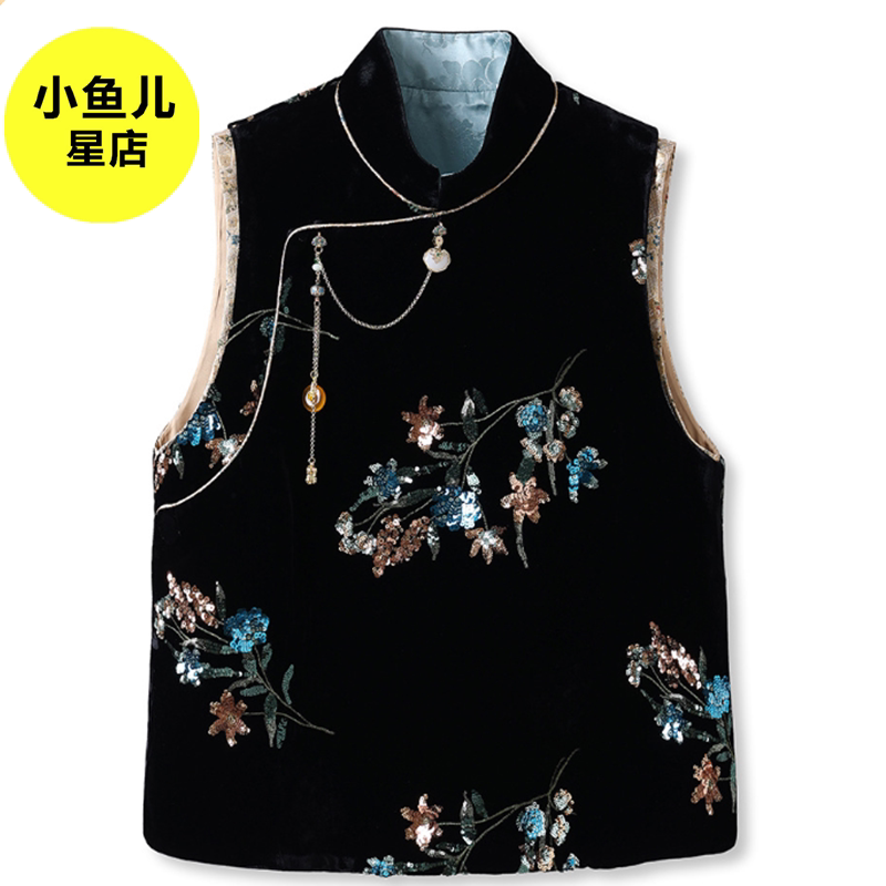 高端版2025春季新款新中式缎面亮片马甲国风气质设计感黑色背心女