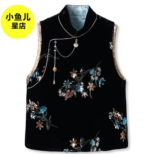 高端版2025春季新款新中式缎面亮片马甲国风气质设计感黑色背心女