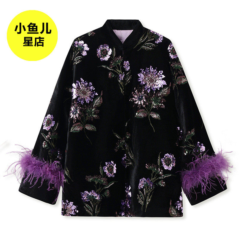 高端版新中式冬季新款高端刺绣亮片外套女国风鸵鸟毛袖设计感棉服