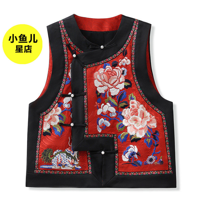高端版新中式国风印花刺绣背心女夏季新款外穿圆领醋酸级感马甲女
