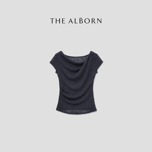 奥莉酱THE ALBORN·“优雅涟漪”天然亚麻混纺不规则细闪荡领上衣