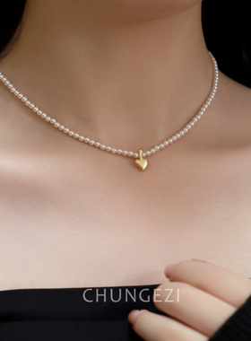 爱心和珍珠搭显气质项链锁骨链