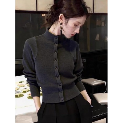 高级感深灰色高领毛衣女士初冬内搭短款超好看针织衫掐腰打底上衣