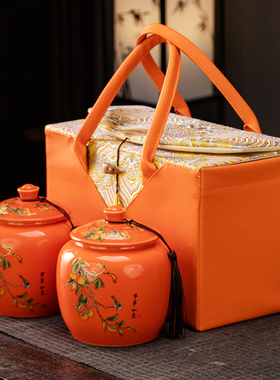 轻奢橙色陶瓷茶叶罐礼盒装手绘花鸟图案密封罐便携茶叶包装盒定制