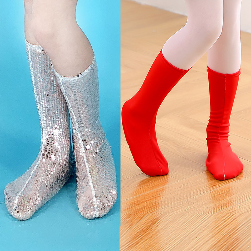 儿童红色舞蹈袜子亮片袜