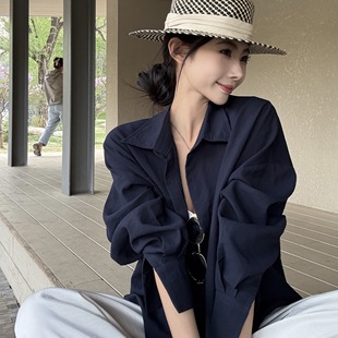 衬衣 藏青色polo领长袖 衬衫 女2025早秋款 慵懒风宽松百搭休闲中长款