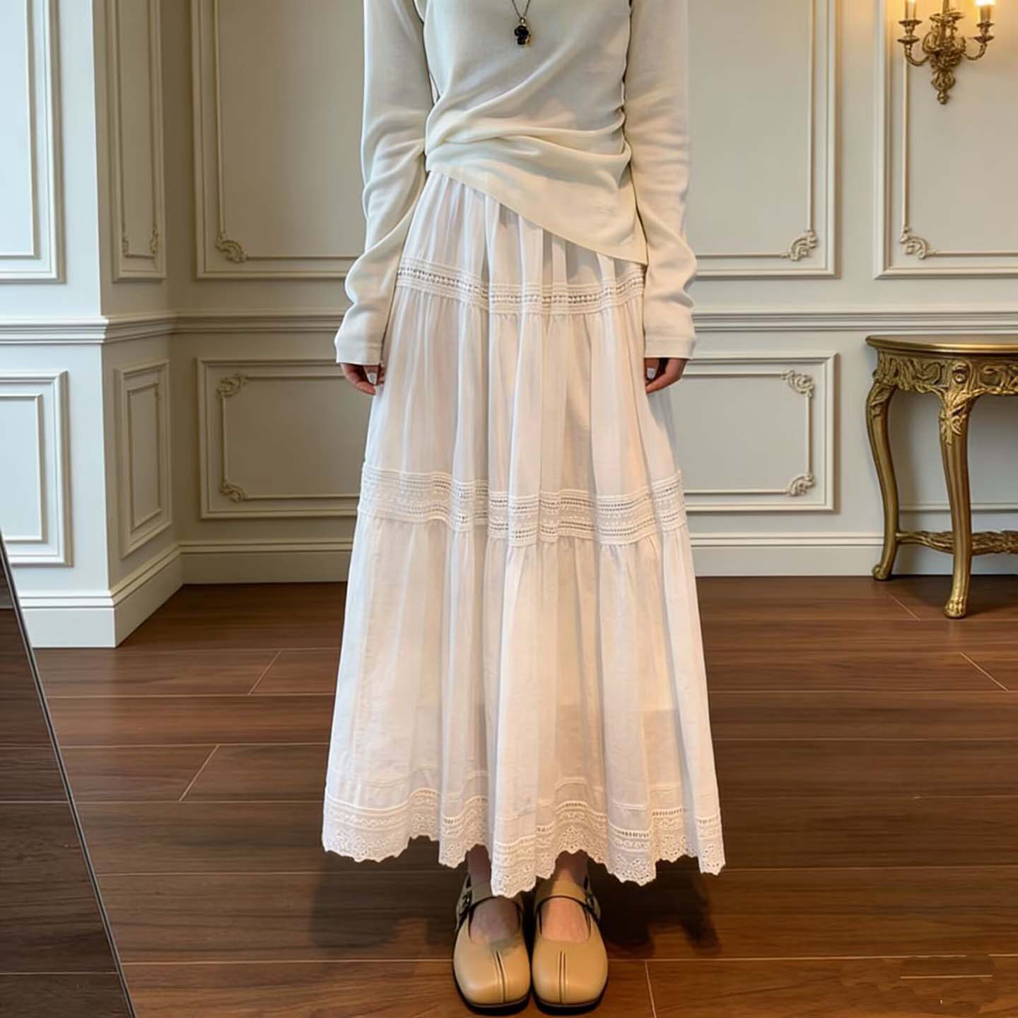 白色高腰半身裙女2026蕾丝拼接A字半身裙女中长款大摆蛋糕裙显瘦