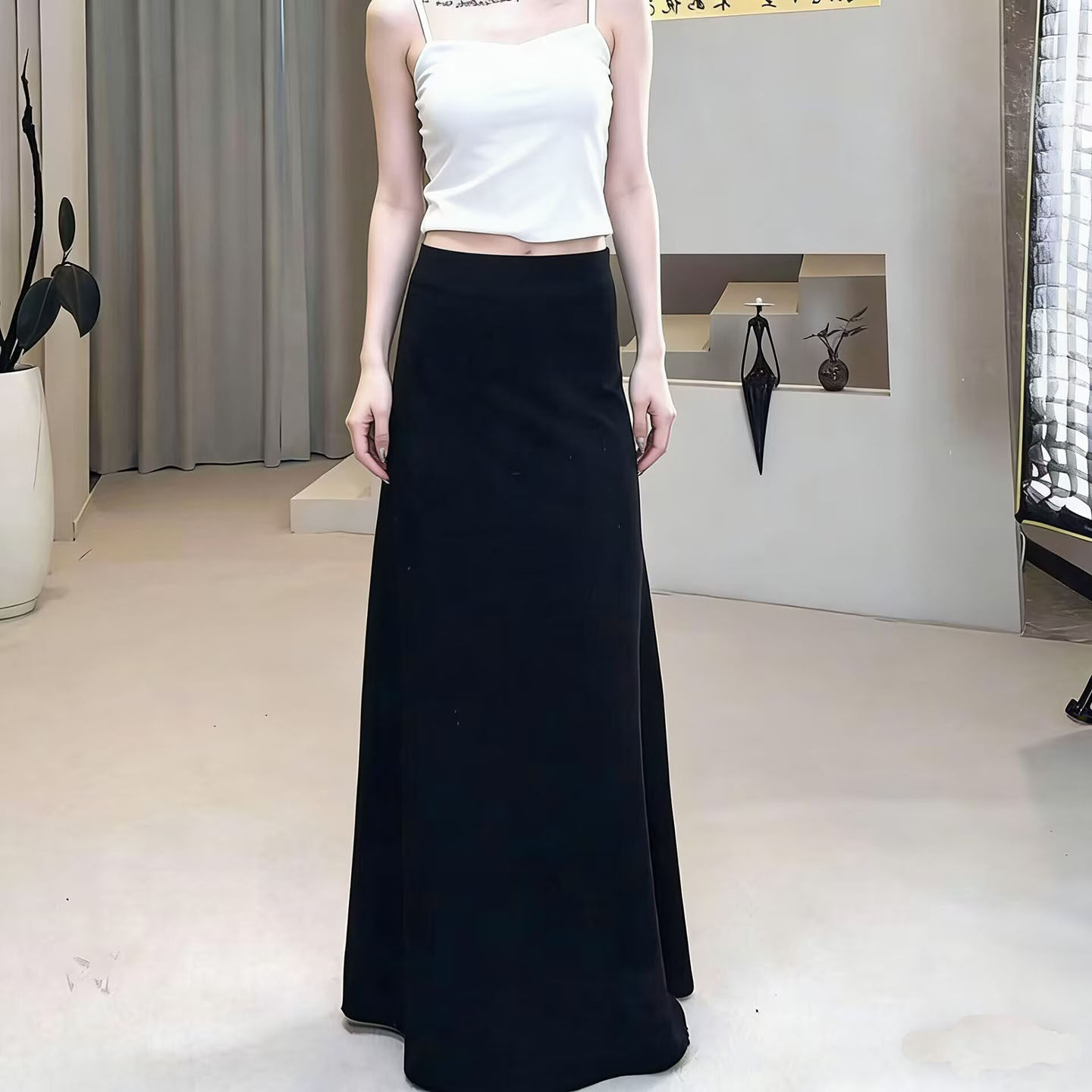 高个子加长款黑色A字半身长裙春夏季高腰显瘦气质垂感裙通勤百搭