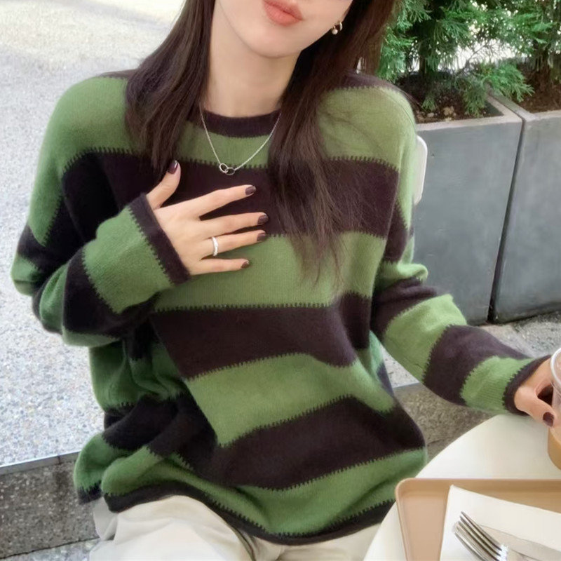 baby100%纯山羊羊绒衫女条纹毛衣