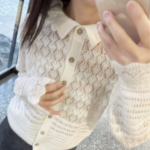 翻领镂空羊绒开衫女轻薄针织上衣