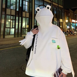 ins超火青蛙套头卫衣男港风潮流设计感连帽外套秋冬宽松加绒上衣