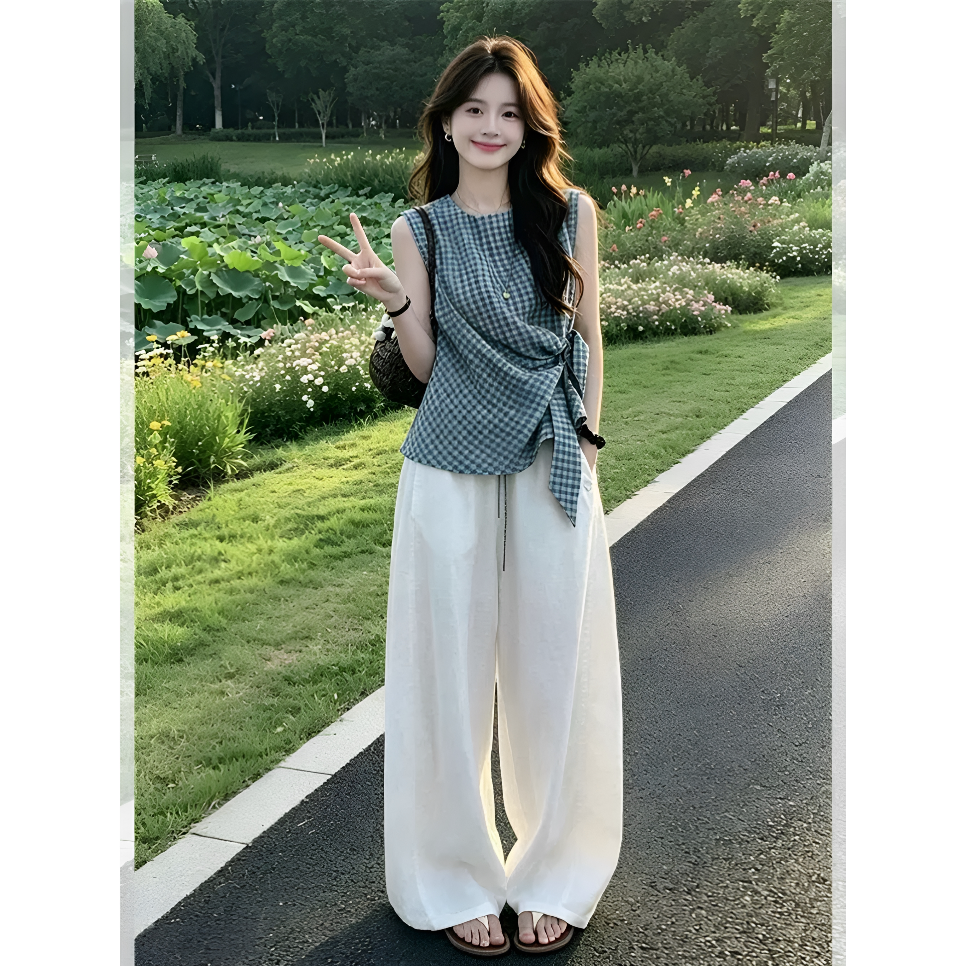 韩系通勤风套装女无袖上衣阔腿裤