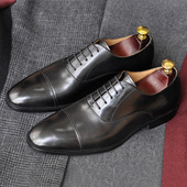 商务正装 皮鞋 英伦三接头牛津鞋 意大利真皮男士 手工固特异方头婚鞋
