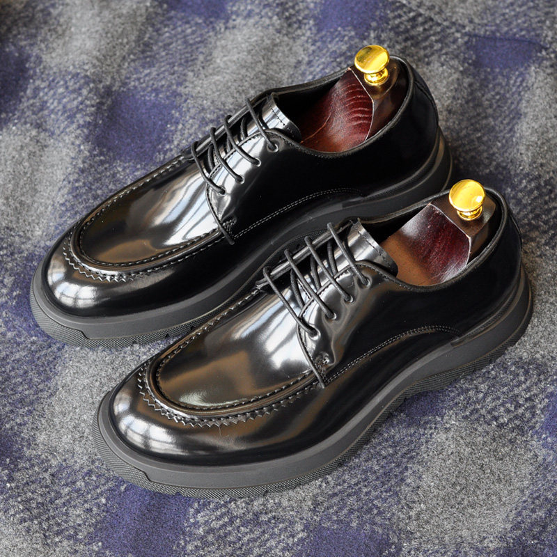 潮流时尚真皮男士商务正装皮鞋英伦厚底绑带德比鞋圆头婚鞋软底