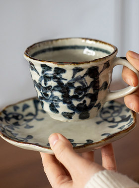 日本进口美浓烧手作粗陶唐草咖啡杯套装日式复古水杯红茶杯配碟子