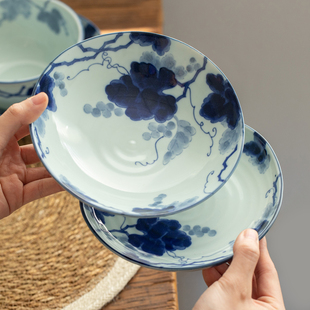 日本进口美浓烧蓝染葡萄盘碗餐具日式 米饭碗深盘菜碟面盘大钵汤碗