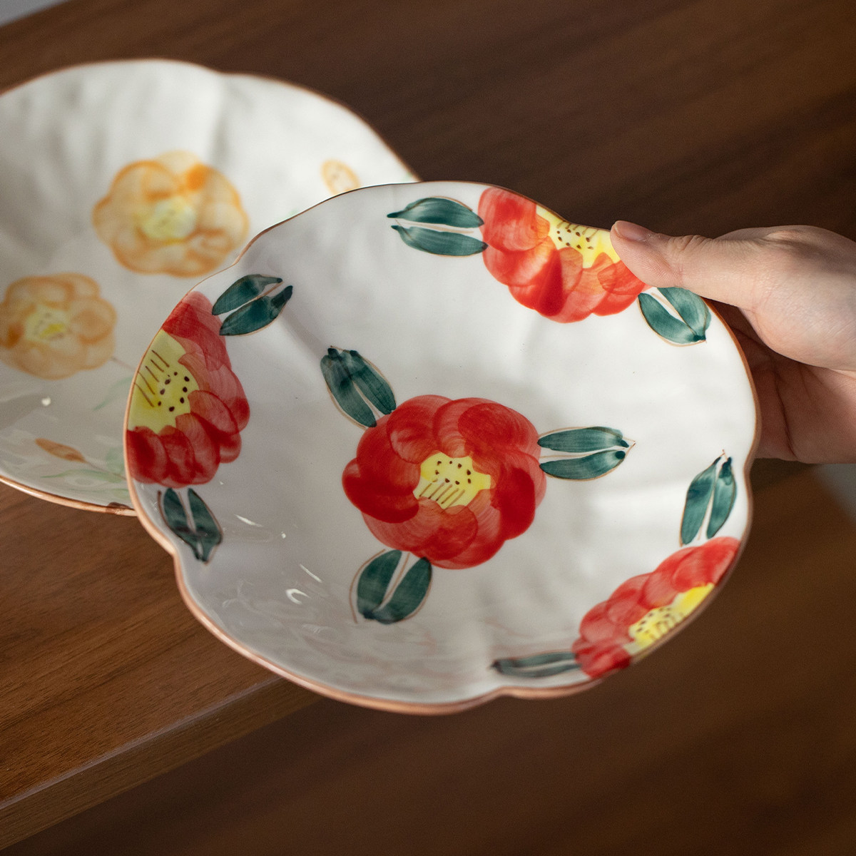 日本进口手绘花边餐盘釉下彩汤盘