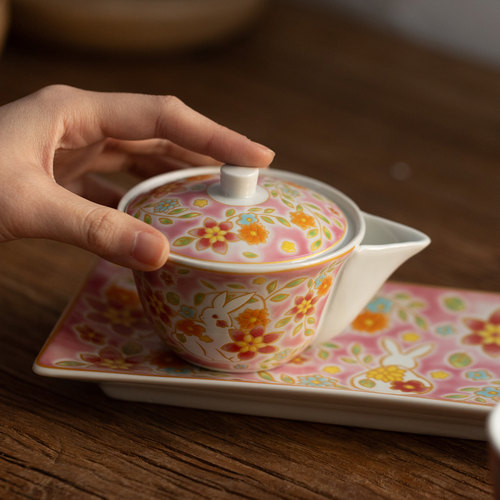 日本九谷烧手绘樱花兔子宝瓶壶日式茶杯茶具泡茶盖碗快客杯手抓壶