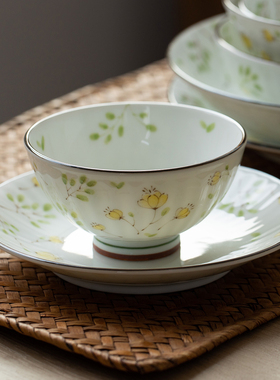 日本进口美浓烧黄色小花陶瓷餐具日式饭碗家用碗盘碟菜盘饭盘骨碟