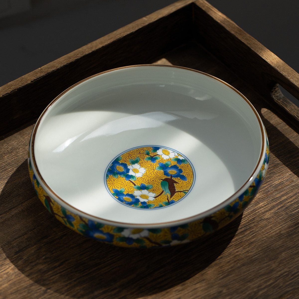 日本进口伊万里黄花鸟陶瓷深盘日式圆形浅钵凉菜碟复古釉下彩饭盘,餐饮具,盘,淘宝优惠券,粉丝福利购,淘宝优惠卷