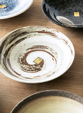 日本进口美浓烧粗陶釉下彩大餐盘复古餐具家用深菜盘沙拉水果盘子