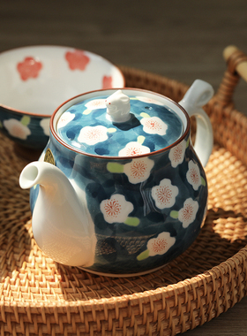 日本进口有田烧复古蓝色梅花兔子茶壶茶杯子小兔盖柄日式茶具礼盒