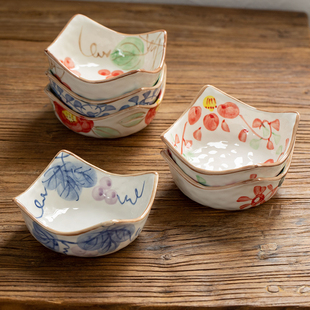 日本进口美浓烧手绘唐草葡萄四角方碗日式蘸料碗干果盘骨碟凉菜碗