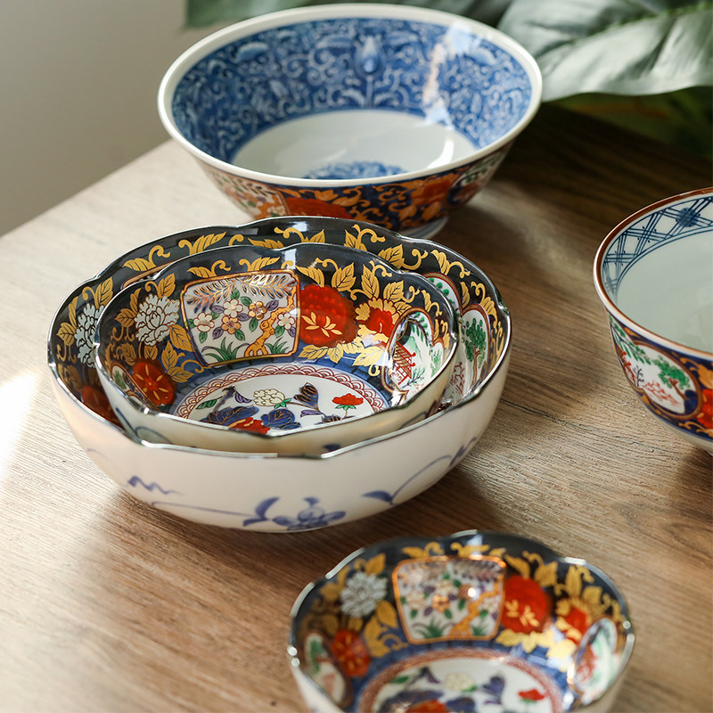 日本进口伊万里染锦复古陶瓷餐具家用米饭碗日式汤钵深菜盘大面碗