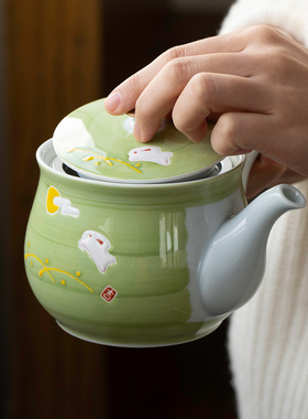 日本进口有田烧绿色月兔陶瓷茶壶日式急须壶侧把壶带滤网功夫茶具