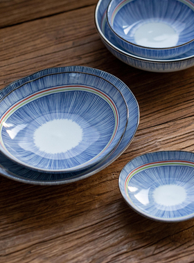 日本进口美浓烧彩虹十草碗盘碟日式餐具家用米饭碗钵菜盘圆盘汤碗