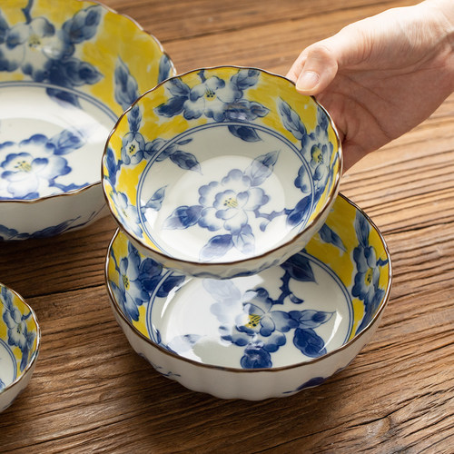 日本美浓烧黄彩花碗盘碟陶瓷餐具