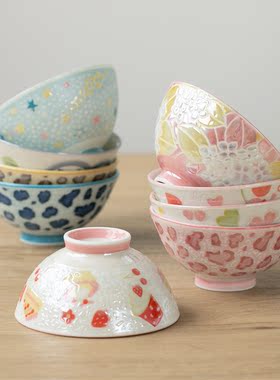 日本进口美浓烧可爱少女心小碗卡通小熊爱心豹纹四叶草陶瓷米饭碗