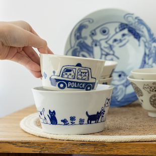 日本进口美浓烧可爱猫咪陶瓷餐具日式 斗笠碗米饭碗早餐碗家用汤碗