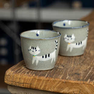 日本进口翔芳窑冰裂釉可爱猫咪水杯日式手握茶杯猪口杯拉花咖啡杯