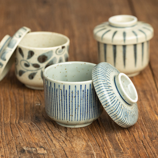 日本进口美浓烧复古十草茶碗日式 蒸蛋碗一人食炖盅带盖隔水蒸汤盅