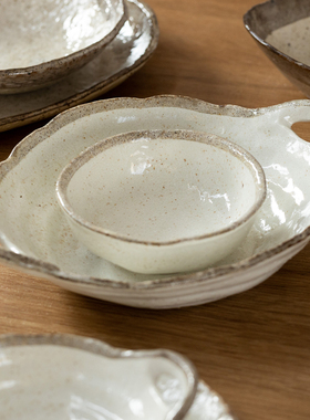 日本进口粉引粗陶防烫双耳钵日式餐具米饭碗深菜盘沙拉碗咖喱饭盘