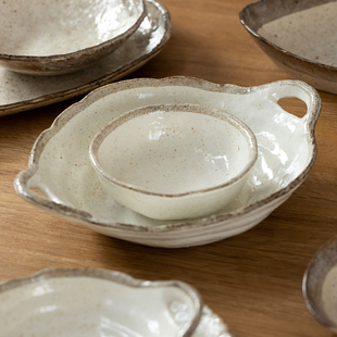 日本进口粉引粗陶防烫双耳钵日式 餐具米饭碗深菜盘沙拉碗咖喱饭盘