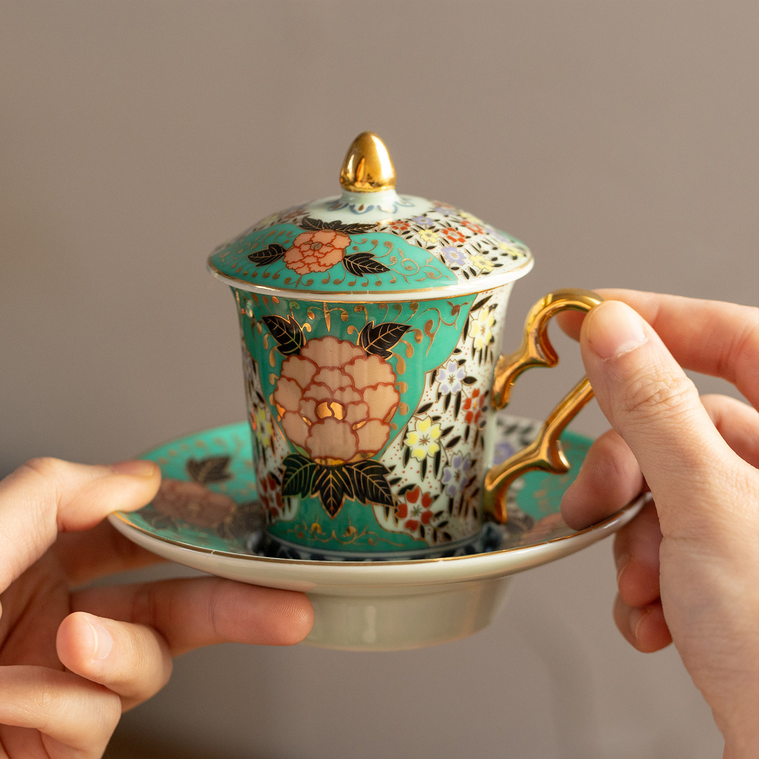 日本进口有田烧林九郎手绘染锦描金茶杯日式茶具咖啡杯带茶托盖杯