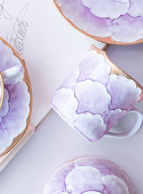 清仓日本制有田烧文山窑陶瓷手绘紫色金边牡丹马克杯咖啡杯茶杯子