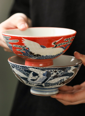 日本进口美浓烧家用陶瓷米饭碗锦鲤仙鹤日式釉下彩复古餐具汤面碗