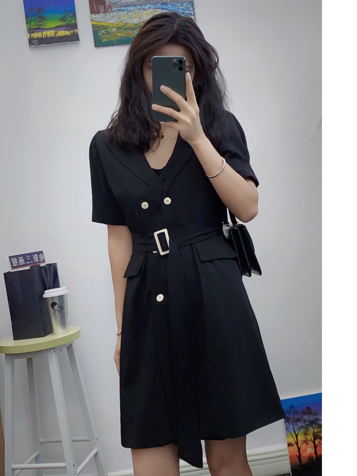 漫Manman春夏女韩版通勤西装裙v领收腰显瘦连衣裙气质小黑裙短袖