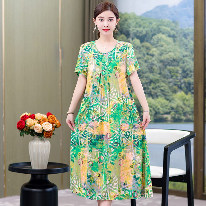 夏装中老年短袖连衣裙棉绸妈妈过膝花裙子奶奶碎花裙加肥加大