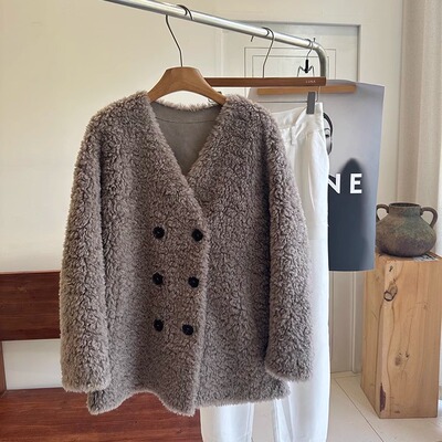 韩系100%羊毛V领双排扣皮草外套