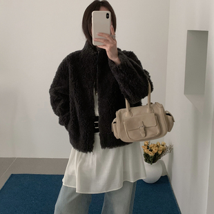 2025短款双拉链韩系东大门羊剪绒复合皮毛一体外套100绵羊毛外套