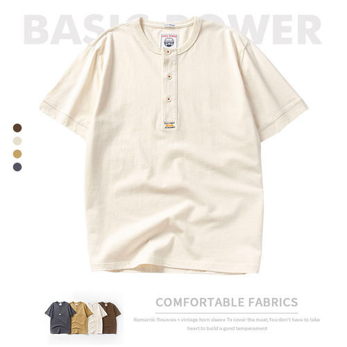 BASIC POWER 夏季新款纯色纯棉亨利领简约休闲百搭情侣宽松体恤衫
